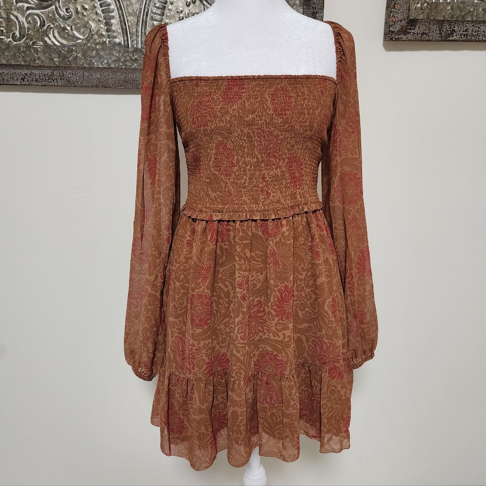 Aritzia Wilfred Tempest Maplewood Rich Chestnut Brown Floral Smocked Mini Dress